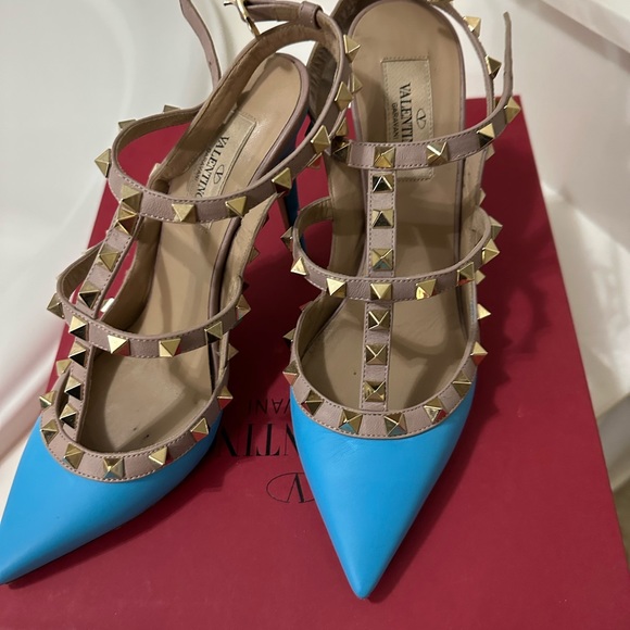 VALENTINO Rockstud Accents Leather Gold Stud T-strap Bright Blue Pump Heel 37 - Picture 7 of 15